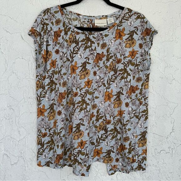 CYNTHIA ROWLEY Linen Floral Tee Large Button Down Back Short Sleeve Boho - Picture 1 of 8
